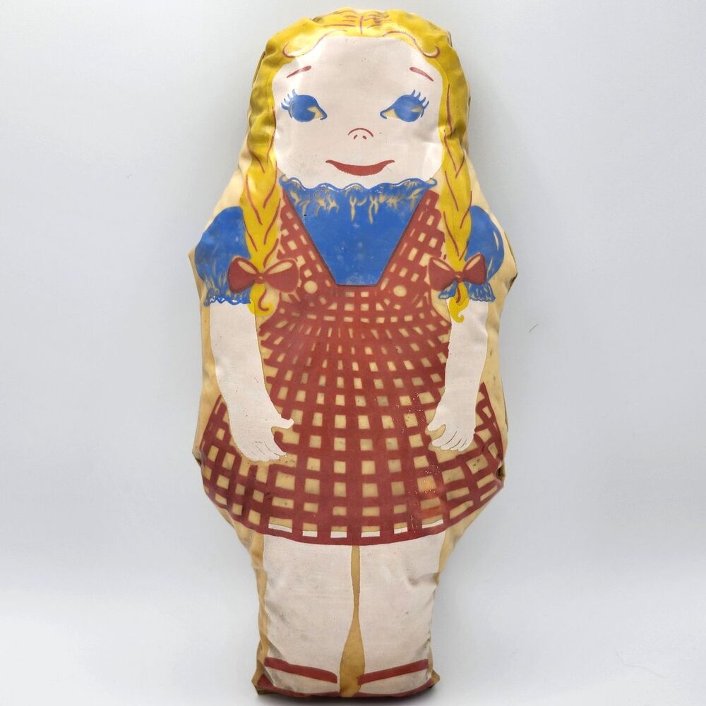 Vtg 1950s Oilcloth Pillow Doll 15" Cut & Sewn Gretel Fairytale Folk Art Rag Doll